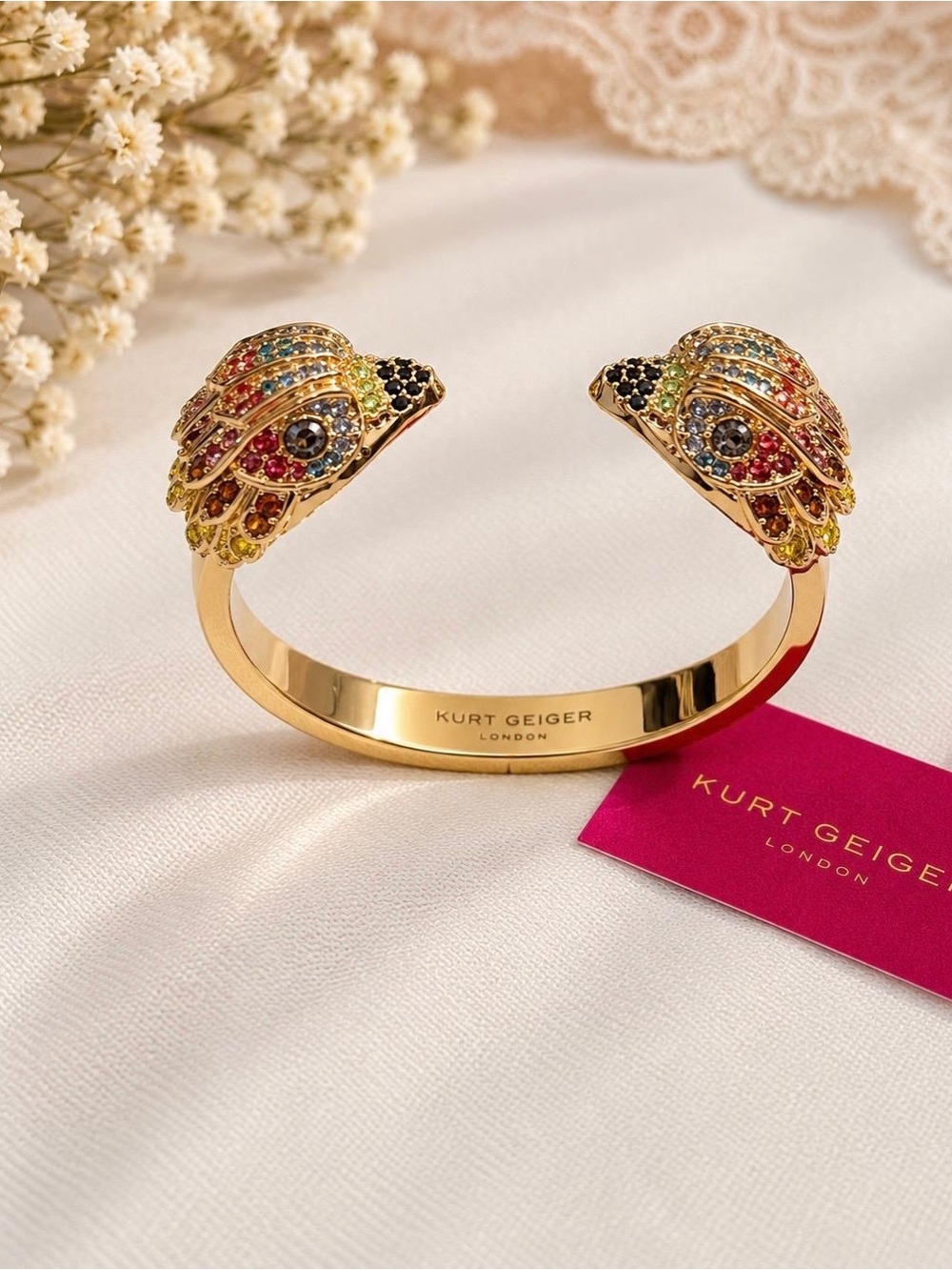 Kurt Geiger Crystal Eagle Head Cuff Bracelet Gold Tone Statement Bangle